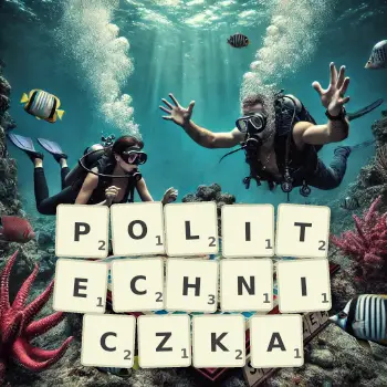 Kreatywna ilustracja do gry w Scrabble ze słowem POLITECHNICZKA ułożonym z płytek na planszy.