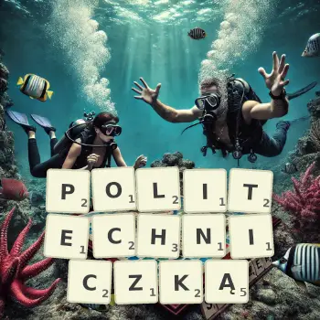 Kreatywna ilustracja do gry w Scrabble ze słowem POLITECHNICZKĄ ułożonym z płytek na planszy.