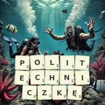 Kreatywna ilustracja do gry w Scrabble ze słowem POLITECHNICZKĘ ułożonym z płytek na planszy.