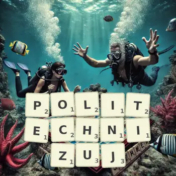 Kreatywna ilustracja do gry w Scrabble ze słowem POLITECHNIZUJ ułożonym z płytek na planszy.