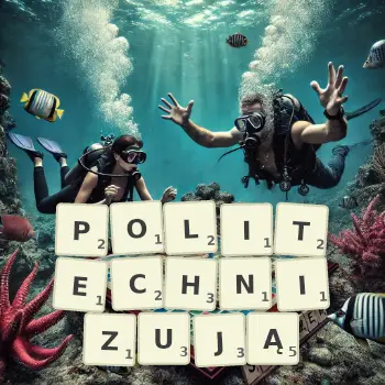 Kreatywna ilustracja do gry w Scrabble ze słowem POLITECHNIZUJĄ ułożonym z płytek na planszy.