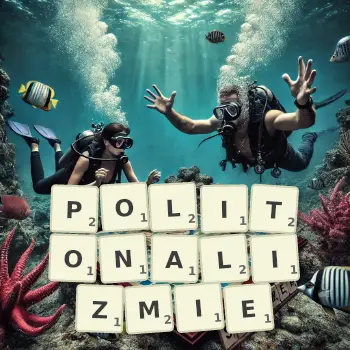 Kreatywna ilustracja do gry w Scrabble ze słowem POLITONALIZMIE ułożonym z płytek na planszy.