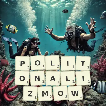 Kreatywna ilustracja do gry w Scrabble ze słowem POLITONALIZMOW ułożonym z płytek na planszy.