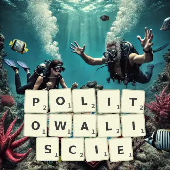 Kreatywna ilustracja do gry w Scrabble ze słowem POLITOWALISCIE ułożonym z płytek na planszy.