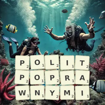Kreatywna ilustracja do gry w Scrabble ze słowem POLITPOPRAWNYMI ułożonym z płytek na planszy.