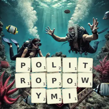 Kreatywna ilustracja do gry w Scrabble ze słowem POLITROPOWYMI ułożonym z płytek na planszy.