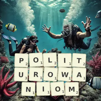 Kreatywna ilustracja do gry w Scrabble ze słowem POLITUROWANIOM ułożonym z płytek na planszy.