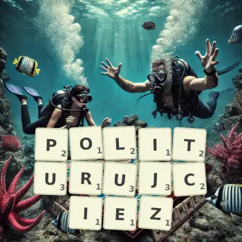 Kreatywna ilustracja do gry w Scrabble ze słowem POLITURUJCIEZ ułożonym z płytek na planszy.