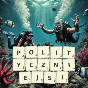 Kreatywna ilustracja do gry w Scrabble ze słowem POLITYCZNIEJSI ułożonym z płytek na planszy.