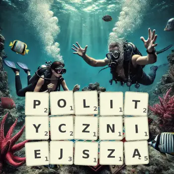 Kreatywna ilustracja do gry w Scrabble ze słowem POLITYCZNIEJSZĄ ułożonym z płytek na planszy.