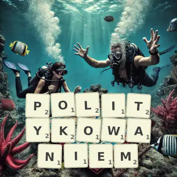 Kreatywna ilustracja do gry w Scrabble ze słowem POLITYKOWANIEM ułożonym z płytek na planszy.