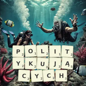 Kreatywna ilustracja do gry w Scrabble ze słowem POLITYKUJĄCYCH ułożonym z płytek na planszy.