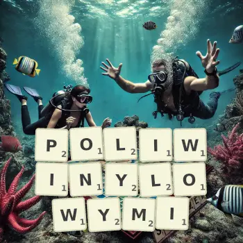 Kreatywna ilustracja do gry w Scrabble ze słowem POLIWINYLOWYMI ułożonym z płytek na planszy.