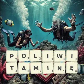 Kreatywna ilustracja do gry w Scrabble ze słowem POLIWITAMINĘ ułożonym z płytek na planszy.