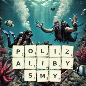 Kreatywna ilustracja do gry w Scrabble ze słowem POLIZALIBYSMY ułożonym z płytek na planszy.