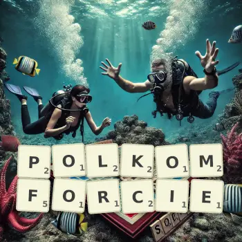 Kreatywna ilustracja do gry w Scrabble ze słowem POLKOMFORCIE ułożonym z płytek na planszy.