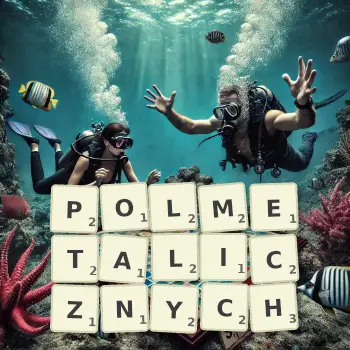 Kreatywna ilustracja do gry w Scrabble ze słowem POLMETALICZNYCH ułożonym z płytek na planszy.
