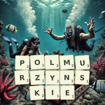 Kreatywna ilustracja do gry w Scrabble ze słowem POLMURZYNSKIE ułożonym z płytek na planszy.