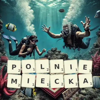 Kreatywna ilustracja do gry w Scrabble ze słowem POLNIEMIECKA ułożonym z płytek na planszy.