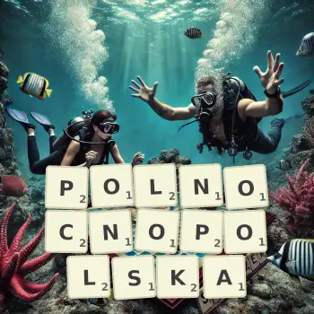 Kreatywna ilustracja do gry w Scrabble ze słowem POLNOCNOPOLSKA ułożonym z płytek na planszy.