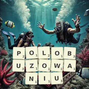 Kreatywna ilustracja do gry w Scrabble ze słowem POLOBUZOWANIU ułożonym z płytek na planszy.