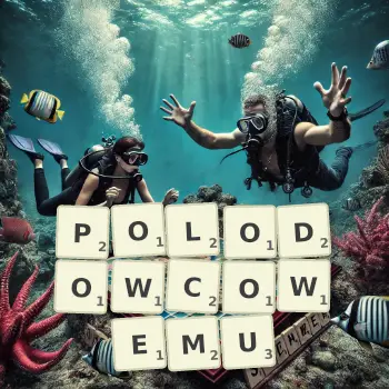 Kreatywna ilustracja do gry w Scrabble ze słowem POLODOWCOWEMU ułożonym z płytek na planszy.