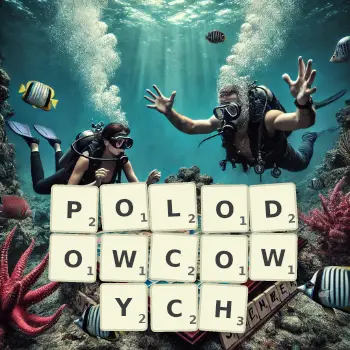 Kreatywna ilustracja do gry w Scrabble ze słowem POLODOWCOWYCH ułożonym z płytek na planszy.