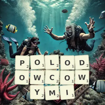 Kreatywna ilustracja do gry w Scrabble ze słowem POLODOWCOWYMI ułożonym z płytek na planszy.