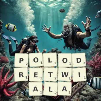 Kreatywna ilustracja do gry w Scrabble ze słowem POLODRETWIALA ułożonym z płytek na planszy.
