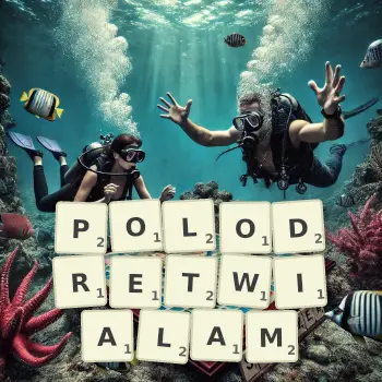 Kreatywna ilustracja do gry w Scrabble ze słowem POLODRETWIALAM ułożonym z płytek na planszy.