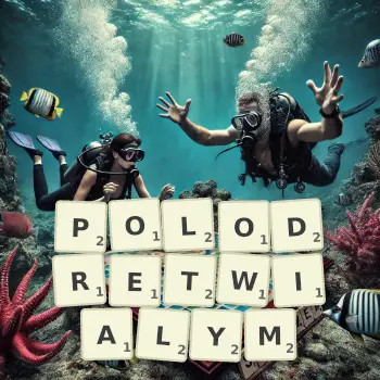 Kreatywna ilustracja do gry w Scrabble ze słowem POLODRETWIALYM ułożonym z płytek na planszy.
