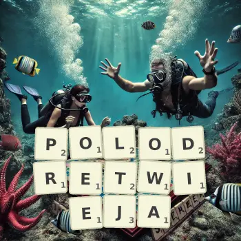 Kreatywna ilustracja do gry w Scrabble ze słowem POLODRETWIEJA ułożonym z płytek na planszy.