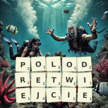 Kreatywna ilustracja do gry w Scrabble ze słowem POLODRETWIEJCIE ułożonym z płytek na planszy.