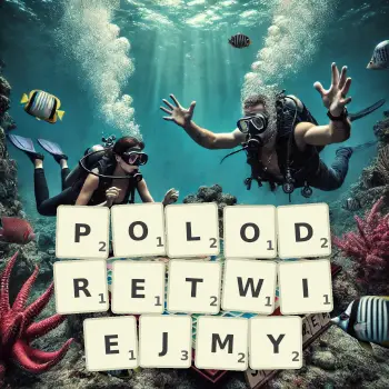 Kreatywna ilustracja do gry w Scrabble ze słowem POLODRETWIEJMY ułożonym z płytek na planszy.