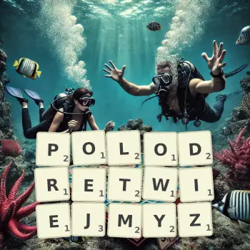 Kreatywna ilustracja do gry w Scrabble ze słowem POLODRETWIEJMYZ ułożonym z płytek na planszy.
