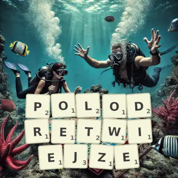 Kreatywna ilustracja do gry w Scrabble ze słowem POLODRETWIEJZE ułożonym z płytek na planszy.