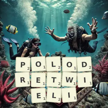 Kreatywna ilustracja do gry w Scrabble ze słowem POLODRETWIELI ułożonym z płytek na planszy.