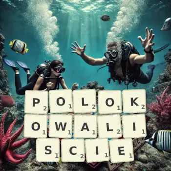 Kreatywna ilustracja do gry w Scrabble ze słowem POLOKOWALISCIE ułożonym z płytek na planszy.