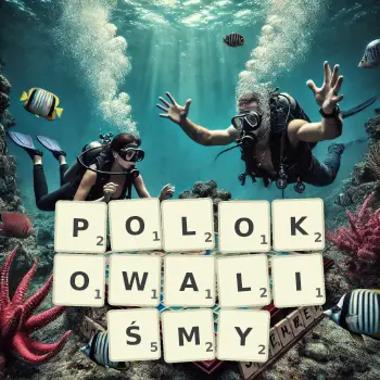 Kreatywna ilustracja do gry w Scrabble ze słowem POLOKOWALIŚMY ułożonym z płytek na planszy.
