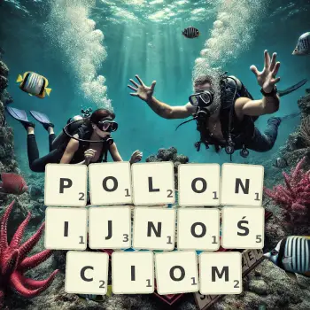 Kreatywna ilustracja do gry w Scrabble ze słowem POLONIJNOŚCIOM ułożonym z płytek na planszy.