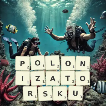 Kreatywna ilustracja do gry w Scrabble ze słowem POLONIZATORSKU ułożonym z płytek na planszy.