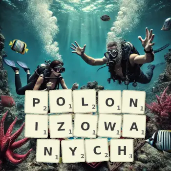 Kreatywna ilustracja do gry w Scrabble ze słowem POLONIZOWANYCH ułożonym z płytek na planszy.