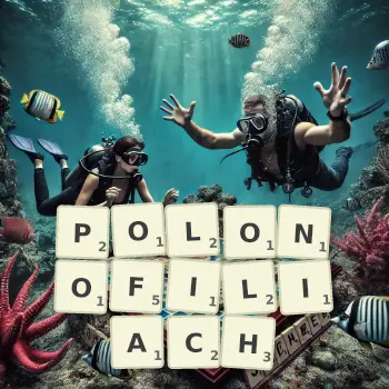 Kreatywna ilustracja do gry w Scrabble ze słowem POLONOFILIACH ułożonym z płytek na planszy.