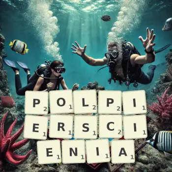 Kreatywna ilustracja do gry w Scrabble ze słowem POLPIERSCIENIA ułożonym z płytek na planszy.