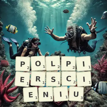 Kreatywna ilustracja do gry w Scrabble ze słowem POLPIERSCIENIU ułożonym z płytek na planszy.