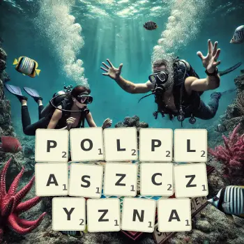 Kreatywna ilustracja do gry w Scrabble ze słowem POLPLASZCZYZNA ułożonym z płytek na planszy.