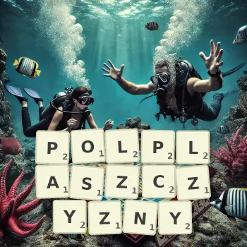 Kreatywna ilustracja do gry w Scrabble ze słowem POLPLASZCZYZNY ułożonym z płytek na planszy.