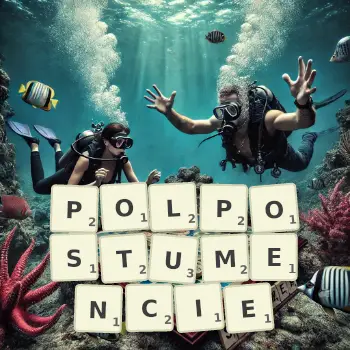 Kreatywna ilustracja do gry w Scrabble ze słowem POLPOSTUMENCIE ułożonym z płytek na planszy.