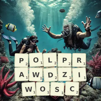 Kreatywna ilustracja do gry w Scrabble ze słowem POLPRAWDZIWOSC ułożonym z płytek na planszy.