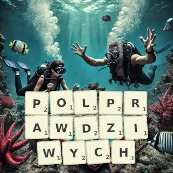 Kreatywna ilustracja do gry w Scrabble ze słowem POLPRAWDZIWYCH ułożonym z płytek na planszy.
